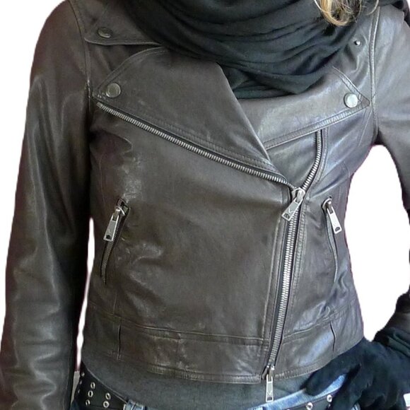 Vince grey Leather biker Jacket Sz M - Picture 1 of 11